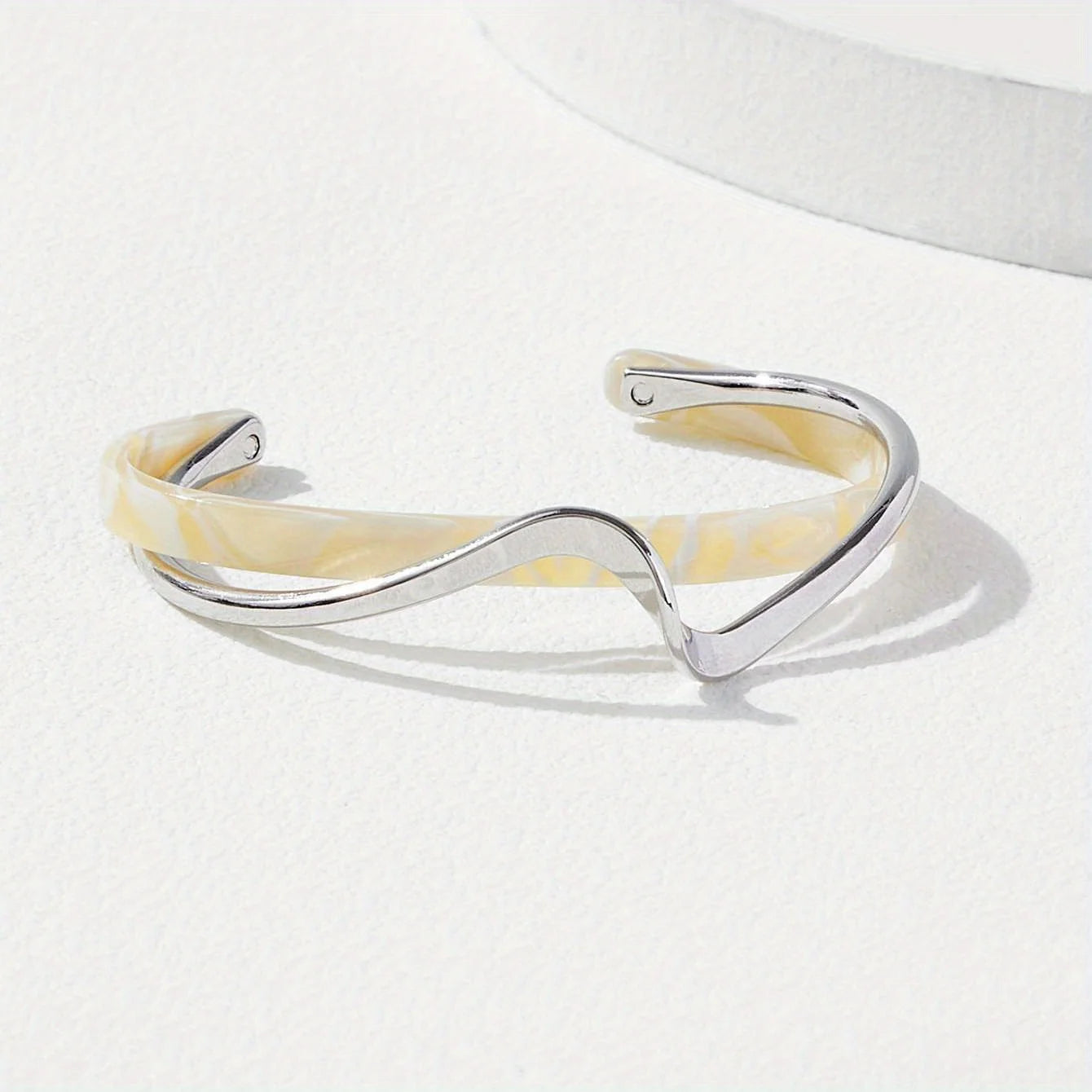 Women's Minimalist Style Jewelry - 18K Gold Plated Wave Cuff Bangle with Faux Pearl Inlay for Elegant and Chic Look