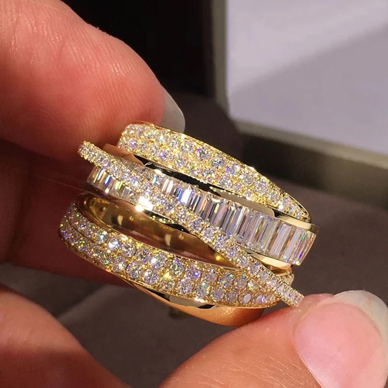 Bling Gold Color Rings Gorgeous Women Wedding Accessories Full Sparkling Cubic Zirconia Party Luxury Trendy Jewelry