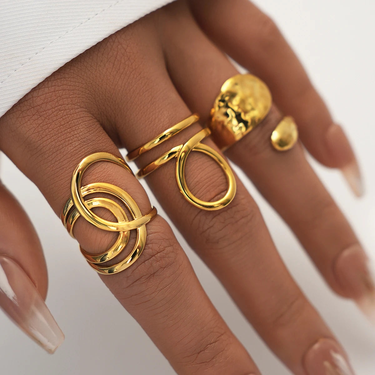 Stainless Steel Geometric Hollow Layered Wide Ring Metal Texture Waterproof Daily Simple Stylish Golden Jewelry for Women