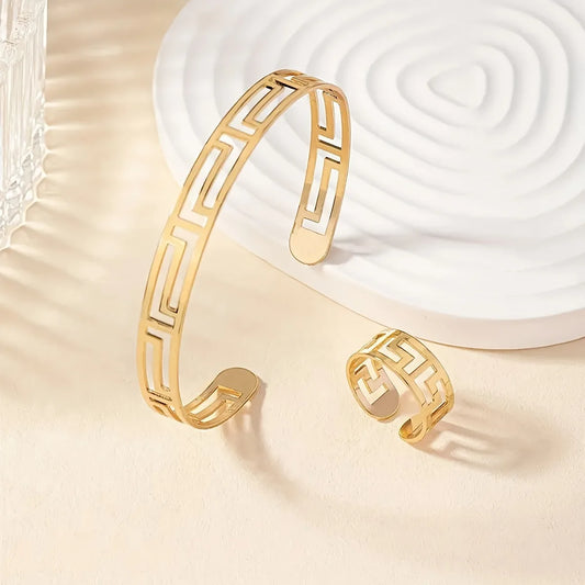 1 Ring 1 Bangle Minimalist Style Jewelry Set Chic Hollow Design Suitable For Men And Women Match Daily Outfits