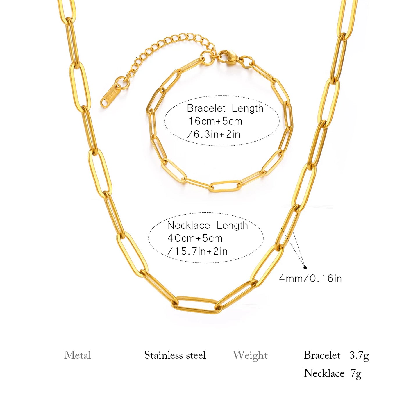 Minimalist Gold Color Chain Necklace for Women Waterproof Stainless Steel Chunky Paperclip Bracelet Hip Rock Jewelry Gift