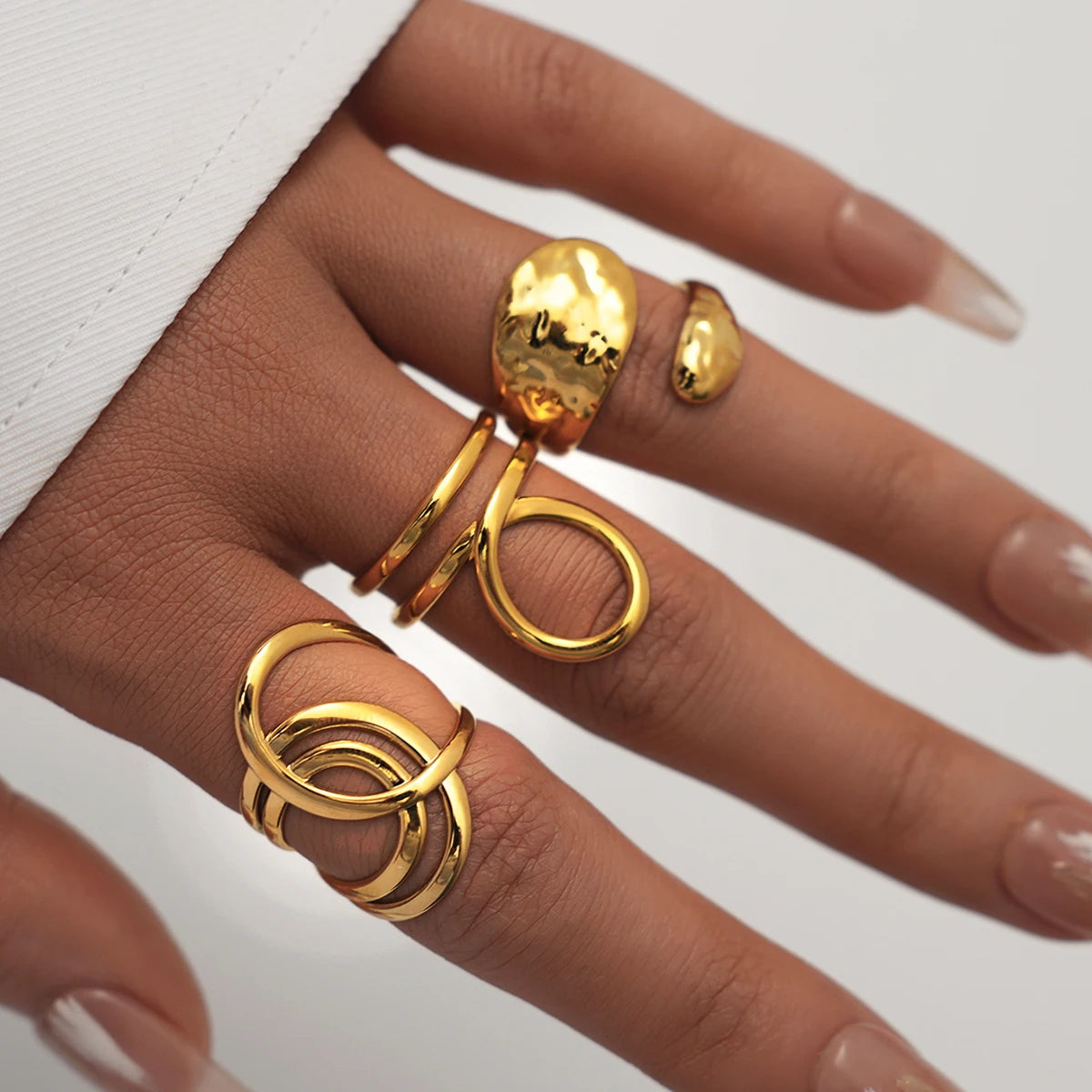 Stainless Steel Geometric Hollow Layered Wide Ring Metal Texture Waterproof Daily Simple Stylish Golden Jewelry for Women