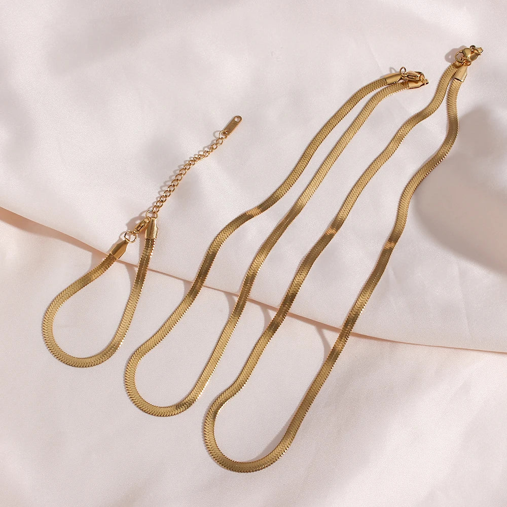 Minimalist Basics 4mm Herringbone Chain Necklaces Bracelets Gold Plated Chain Jewelry Set Silver Color Blade Chain For Women