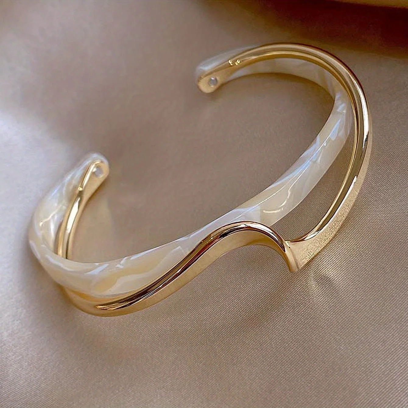 Women's Minimalist Style Jewelry - 18K Gold Plated Wave Cuff Bangle with Faux Pearl Inlay for Elegant and Chic Look