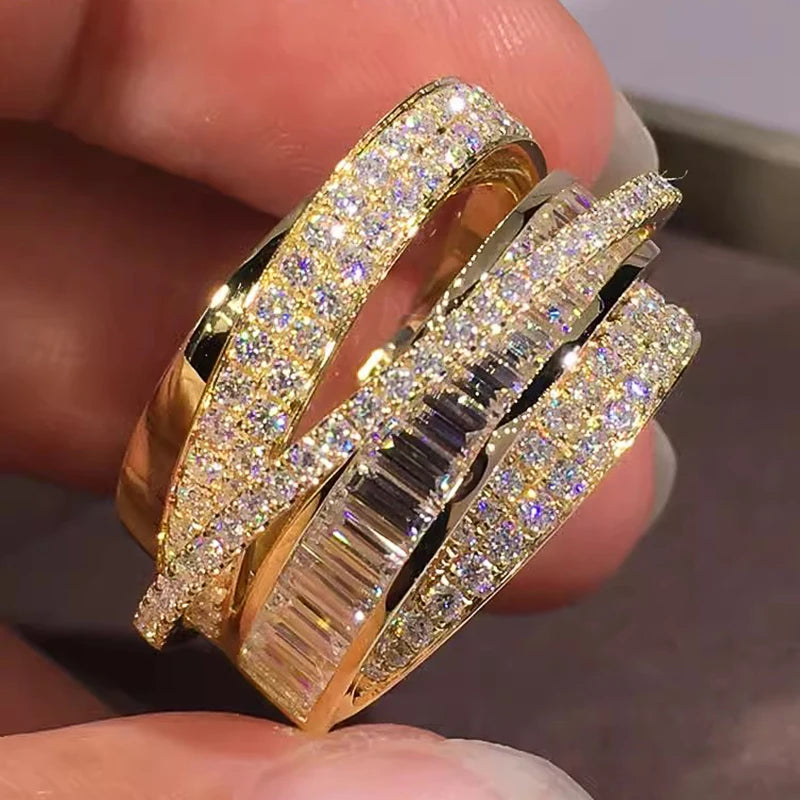 Bling Gold Color Rings Gorgeous Women Wedding Accessories Full Sparkling Cubic Zirconia Party Luxury Trendy Jewelry
