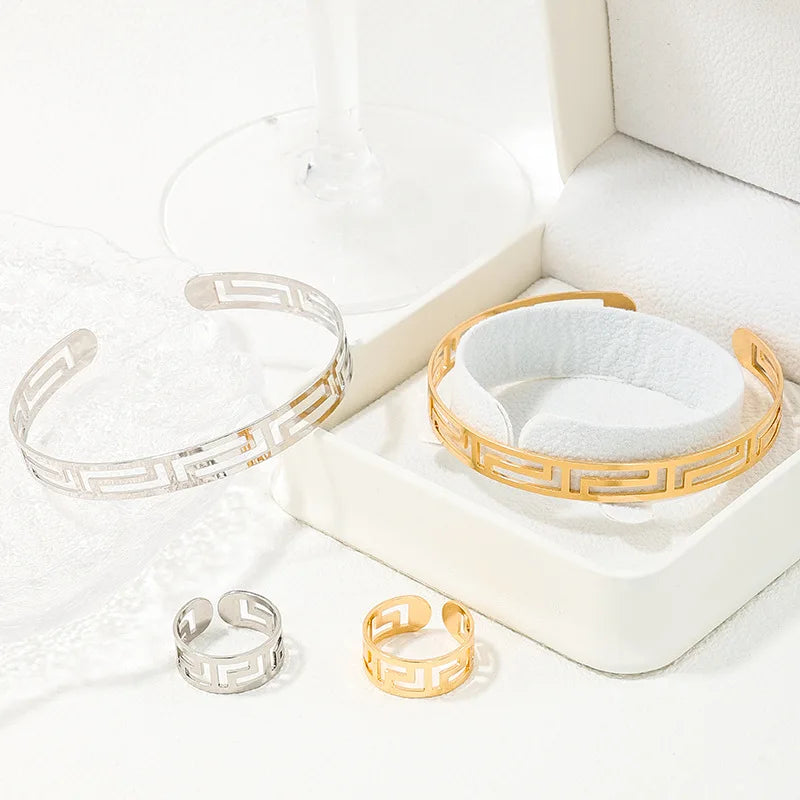 1 Ring 1 Bangle Minimalist Style Jewelry Set Chic Hollow Design Suitable For Men And Women Match Daily Outfits