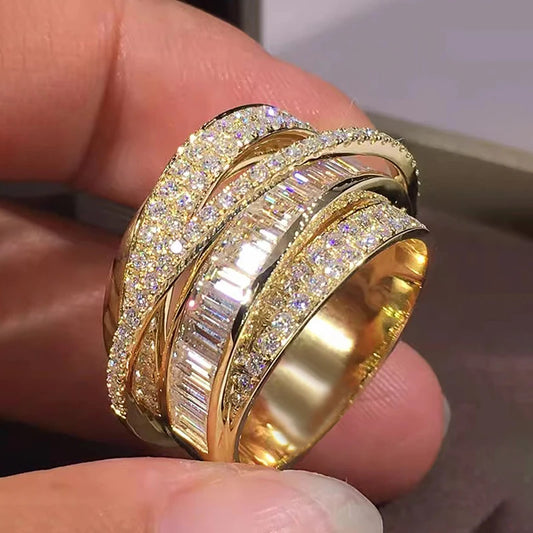 Bling Gold Color Rings Gorgeous Women Wedding Accessories Full Sparkling Cubic Zirconia Party Luxury Trendy Jewelry