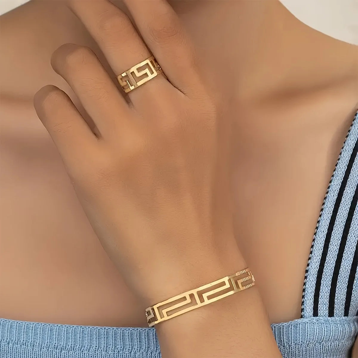 1 Ring 1 Bangle Minimalist Style Jewelry Set Chic Hollow Design Suitable For Men And Women Match Daily Outfits