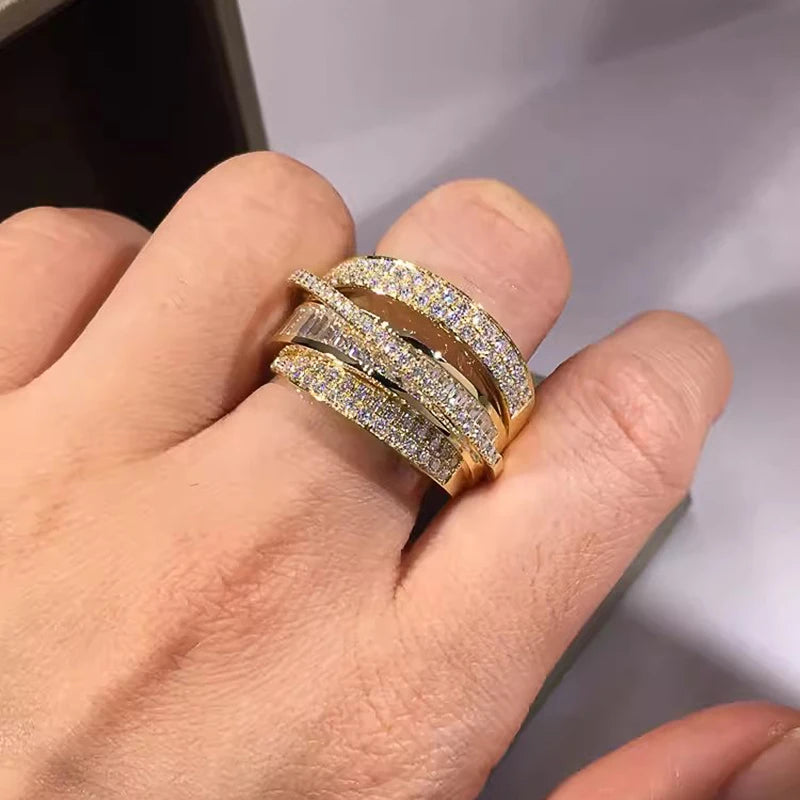 Bling Gold Color Rings Gorgeous Women Wedding Accessories Full Sparkling Cubic Zirconia Party Luxury Trendy Jewelry