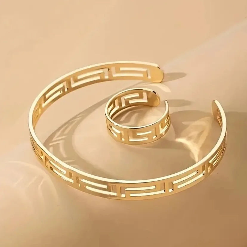 1 Ring 1 Bangle Minimalist Style Jewelry Set Chic Hollow Design Suitable For Men And Women Match Daily Outfits