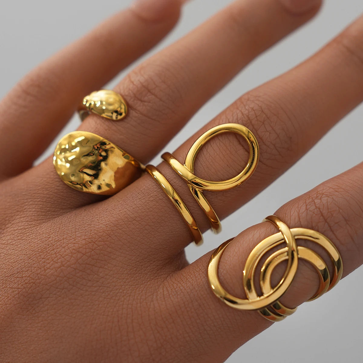 Stainless Steel Geometric Hollow Layered Wide Ring Metal Texture Waterproof Daily Simple Stylish Golden Jewelry for Women
