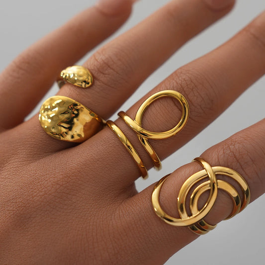 Stainless Steel Geometric Hollow Layered Wide Ring Metal Texture Waterproof Daily Simple Stylish Golden Jewelry for Women