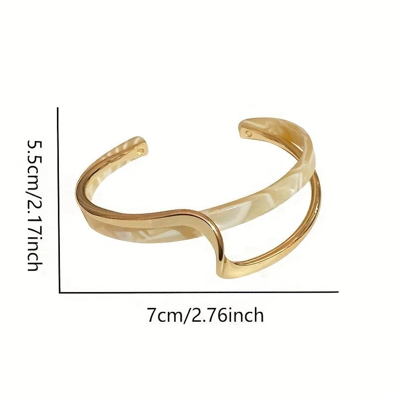 Women's Minimalist Style Jewelry - 18K Gold Plated Wave Cuff Bangle with Faux Pearl Inlay for Elegant and Chic Look