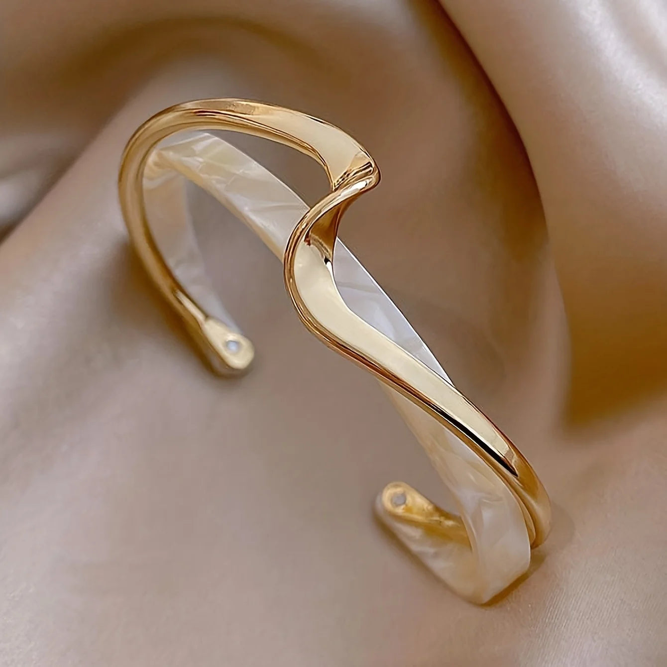 Women's Minimalist Style Jewelry - 18K Gold Plated Wave Cuff Bangle with Faux Pearl Inlay for Elegant and Chic Look