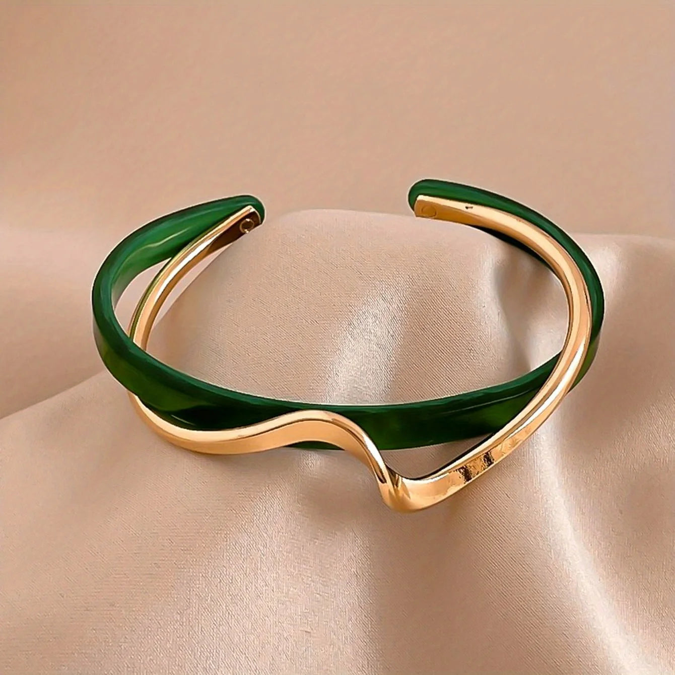 Women's Minimalist Style Jewelry - 18K Gold Plated Wave Cuff Bangle with Faux Pearl Inlay for Elegant and Chic Look