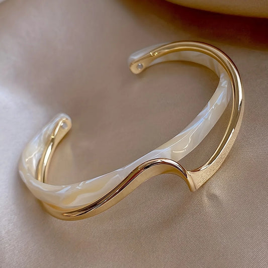 Women's Minimalist Style Jewelry - 18K Gold Plated Wave Cuff Bangle with Faux Pearl Inlay for Elegant and Chic Look