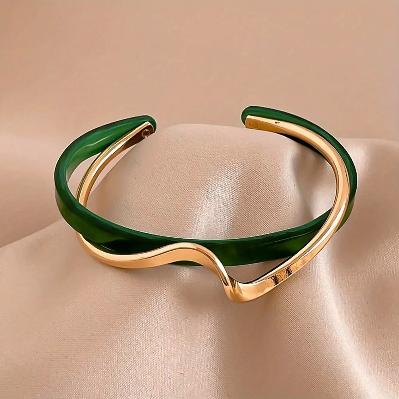Women's Minimalist Style Jewelry - 18K Gold Plated Wave Cuff Bangle with Faux Pearl Inlay for Elegant and Chic Look