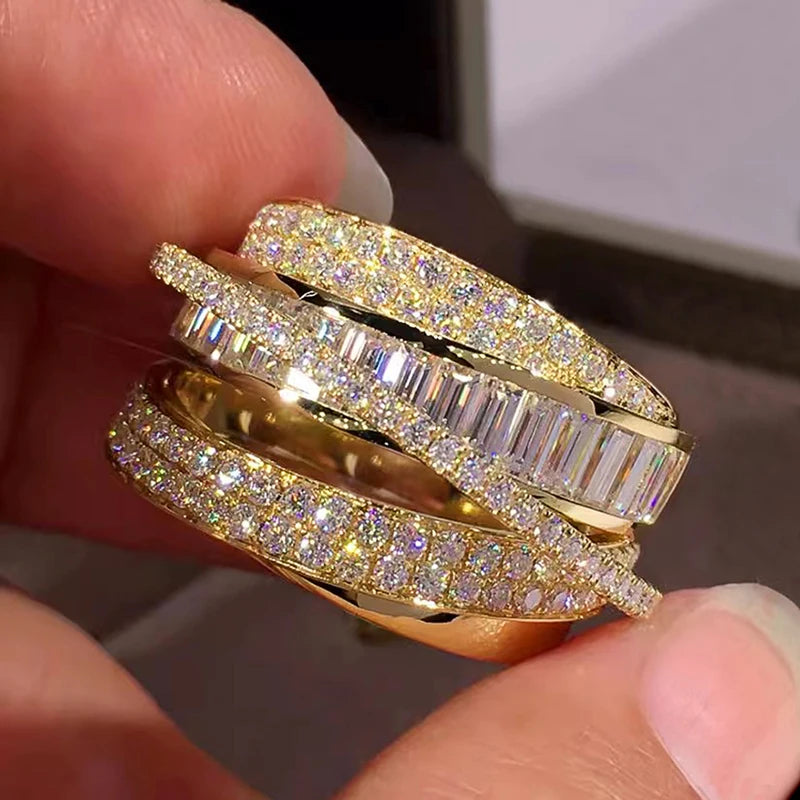 Bling Gold Color Rings Gorgeous Women Wedding Accessories Full Sparkling Cubic Zirconia Party Luxury Trendy Jewelry
