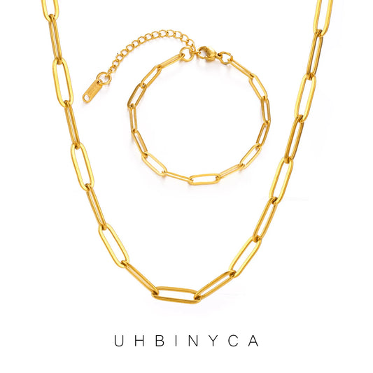 Minimalist Gold Color Chain Necklace for Women Waterproof Stainless Steel Chunky Paperclip Bracelet Hip Rock Jewelry Gift