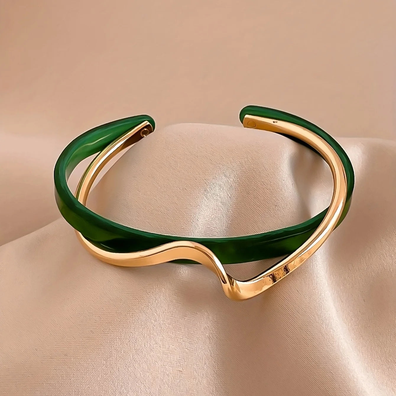 Women's Minimalist Style Jewelry - 18K Gold Plated Wave Cuff Bangle with Faux Pearl Inlay for Elegant and Chic Look